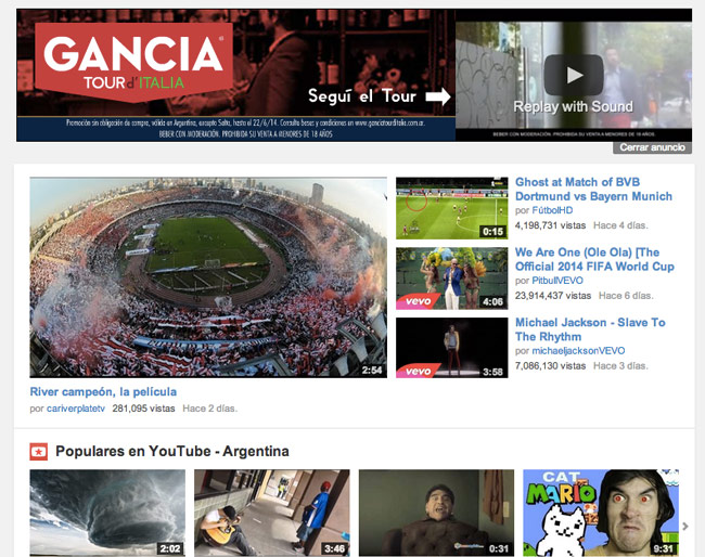Recomendacin en el home de YouTube como video ms popular de Argentina.